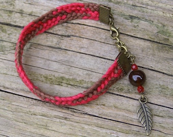 Agate bracelet, Gemstone ethnic jewelry, Woven ethnic feather charm,  style, Brown gem stone, Boho red fiber jewelry