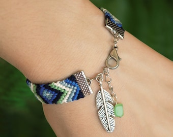 Southwest  feather bracelet, Raw jadeite friendship macrame, Celadon nomad ethnic jewelry, Aztec navy blue chevron, Tribe woven cotton