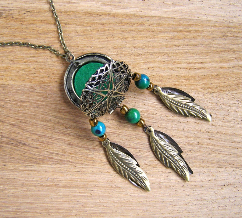 Chrysocolla Locket Pendant, Essential oil diffuser necklace, Dream catcher aromatherapy charm, Green gem stone dreamcatcher bohemian jewelry image 2