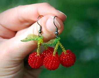 Dangle cherries earrings, fruit jewelry, miniature fruits, food jewelry, red green cherries, tiny cherry, funny summer earrings, retro style