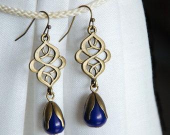 Navy jadeite earrings, Jade drop earrings, Botanical earrings, Gemstone earrings, Blue dangle earrings, Ornamental chandelier earrings