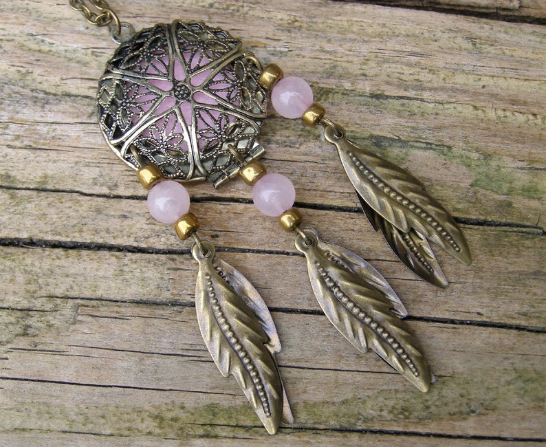 Perfume Locket Pink Quartz Dream Catcher Pendant, Gemstone ethnic dreamcatcher scent jewelry, Essential oil diffuser necklace, Aromatherapy image 1