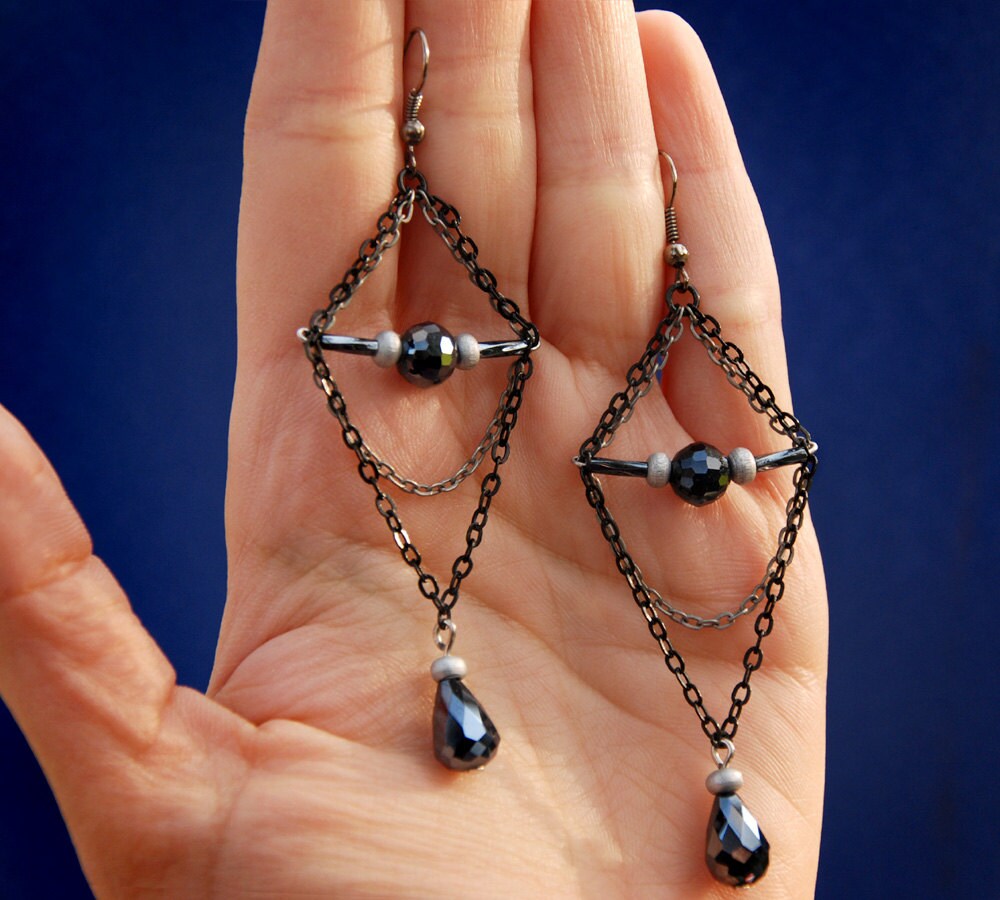 Dangle Earrings, Chandelier Earrings, Geometric Triangle Minimalist Jewelry, Black Tribal