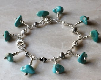Turquoise Sterling Silver Charm Bracelet, Turquoise Nugget Bracelet, Boho Turquoise Bracelet, Sterling Silver Charm Bracelet, Lobster Clasp
