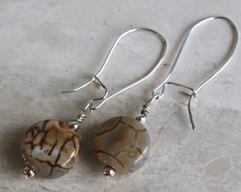 Beige - Brown -  Coin Shaped - Czech Glass - Bead - Sterling Silver - Kidney Wire - Drop - Earrings