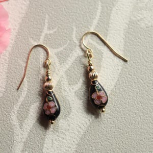 Cloisonne Earrings, Cloisonne Enamel Jewelry, Tear Drop Earrings, Gold Filled Earrings, Pink Flower Earrings, Flower Jewelry, French Wires