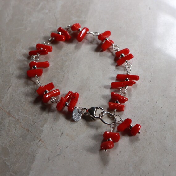 Red Coral Bracelet Gemstone Bracelet Sterling Silver Bracelet