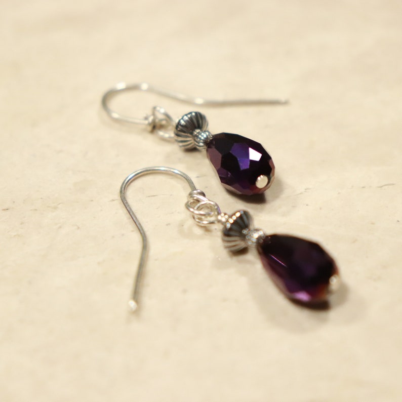 Purple Earrings Gothic Earrings French Wires Purple Bead Earrings Boho Earrings Crystal Teardrop Purple 925 Sterling Silver Earrings