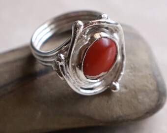 Jasper Freeform Artisan Ring, Sterling Silver Red Statement Ring, Sterling Silver Gemstone Artisan Ring, Boho Ring, Size 7 Elvish Ring