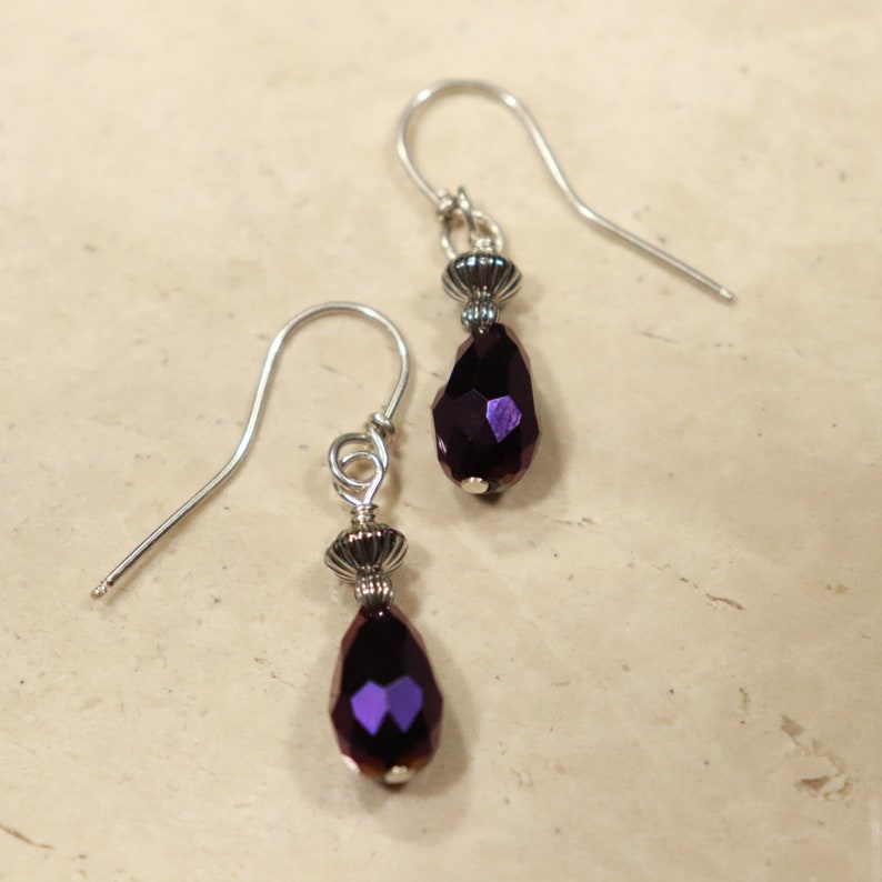 Purple Earrings Gothic Earrings French Wires Purple Bead Earrings Boho Earrings Crystal Teardrop Purple 925 Sterling Silver Earrings