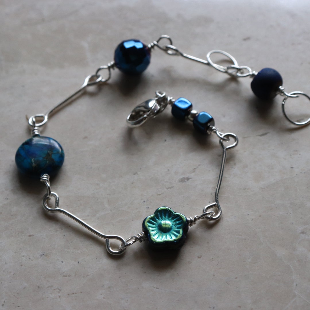 Blue Bead Bracelet, Blue Bead Sterling Silver Bracelet, Blue Minimalist ...