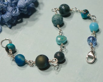 Bleu sarcelle, perles aquatiques, bracelet en argent 925, bracelet de perles bleues de 925, bracelet en argent avec pierres précieuses bohème bleues, druzy, agate, perle, fermoir mousqueton