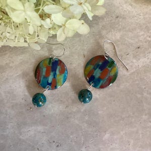 Abstract Art Jewelry, Artisan Earrings, Jasper Gemstone jewelry, Copper Enamel Jewelry, Hand Painted Earrings, Sterling Silver French Wirea
