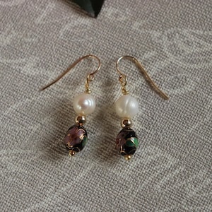Cloisonne Earrings, Cloisonne Enamel Jewelry, Pearl Drop Earrings, Gold Filled Earrings, Pink Flower Earrings, Flower Jewelry, French Wires