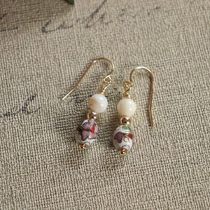Cloisonne Earrings, Cloisonne Enamel Jewelry, Oval Drop Earrings, Gold Filled Earrings, Pink Flower Earrings, Flower Jewelry, French Wires