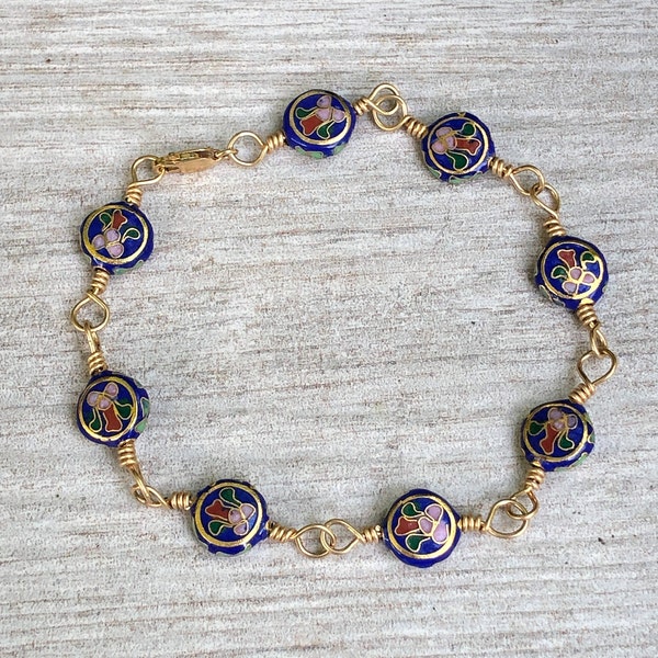 Cloisonné Bracelet, Cloisonné bead Jewelry, Chinese Cloisonné, Gold Filled Bracelet, Lobster Clasp, Stacking Bracelet, Gifts for Her