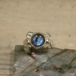 Labradorite Ring, Sterling Silver Ring, Statement ring, size 6.75 Gemstone Jewelry, Elvish Ring, Round Stone, Artisan Ring, Elven Jewelry