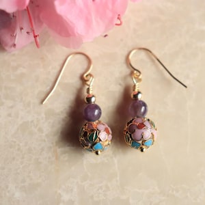 Cloisonne Earrings, Cloisonne Enamel Jewelry, Amethyst Bead Earrings, Gold Filled Earrings, Green and Pink Flower Earrings, French Wires