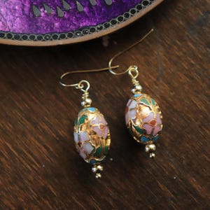 Cloisonne Earrings, Chinese Cloisonne Bead Jewelry, Oval Earrings, Gold Filled Earrings, Pink Flower Earrings, Flower Jewelry, French Wires