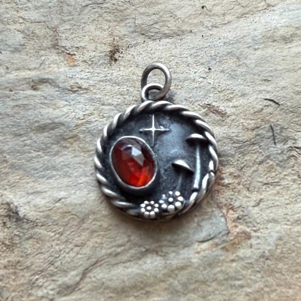 Sterling silver, handmade, tiny mushroom with faceted hessonite garnet