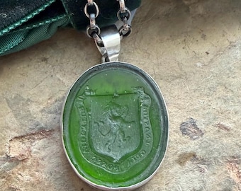 Green glass antique wax letter seal. They can because they think they can.  Sterling silver handmade pendant.