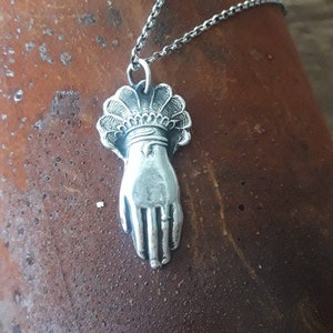 Sterling Victorian hand pendant.  memento mori, mourning jewelry. antique wax seal jewelry