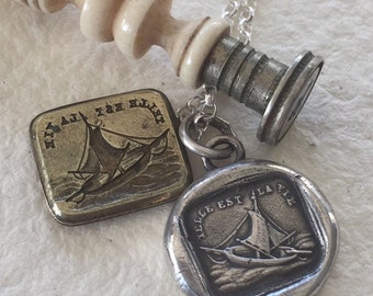 Such is life.... Telle est la vie.  Sterling silver necklace, antique wax seal impression, handmade, pendant, ship, boat, ocean, sailing.