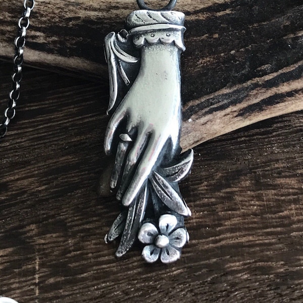 Silver hand pendant.  Victorian memento mori with forget me not flowers. handmade mourning jewelry.