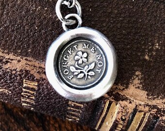 Forget me not, antique wax seal pendant, romantic, sterling silver impression of wax seal.