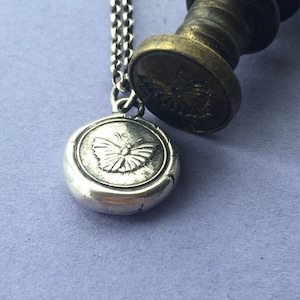 Moth pendant. Rebirth and new beginnings. Antique wax letter seal jewelry, Sterling silver seal with moth impression