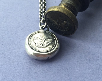 Moth pendant. Rebirth and new beginnings. Antique wax letter seal jewelry, Sterling silver seal with moth impression