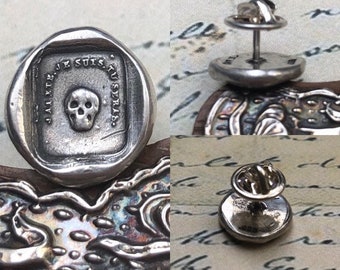 skull tie tack - sterling schedelwas zegelspeld - 'zoals je bent zo eens was ik'. memento mori.  antieke wassen briefzegel.