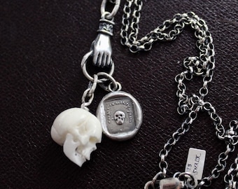 Skull necklace, sterling silver memento Mori necklace, antique wax seal jewelry, with bone skull charm.  Spooky and gothic necklace.