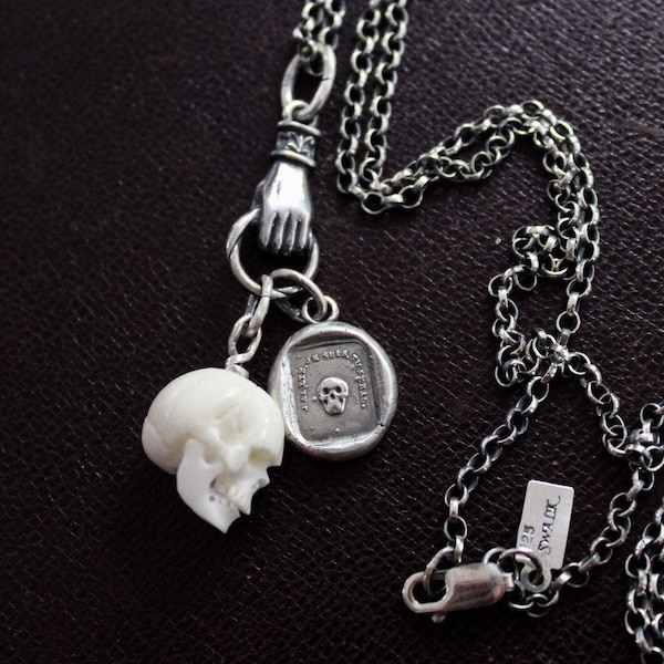 Skull necklace, sterling silver memento Mori necklace, antique wax seal jewelry, with bone skull charm.  Spooky and gothic necklace.