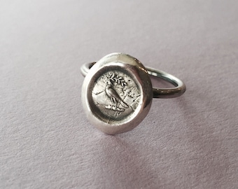 Peace, dove and olive branch ring,  wax seal jewelry, sterling silver, amulet.