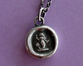 Silver Mermaid pendant. Antique wax letter seal jewelry. Small mermaid charm. Emblem of Eloquence.