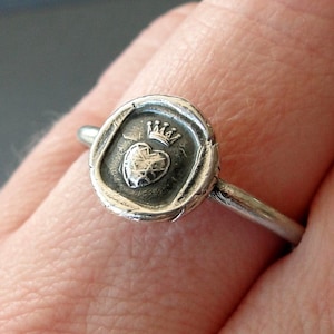 Gekroonde hartring, pure liefde, wax seal sieraden, sterling zilver, amulet