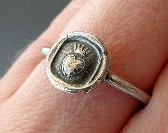 Crowned heart ring, pure love,  wax seal jewelry, sterling silver, amulet
