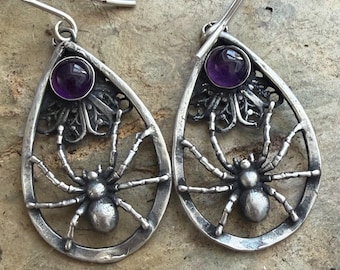 sterling silver, spider earrings.  Amethyst Handmade silver.