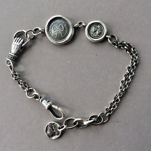 Victorian style bracelet, charm bracelet with antique wax letter seal amulets. solid silver chunky bracelet.
