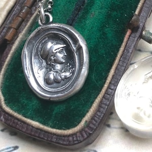 Minerva, Goddess of wisdom, creativity, handicrafts and poetry. Sterling silver Antique wax letter seal pendant.