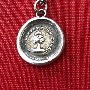 Könnte beinhalten: Eine silberne Halskette mit einem runden Anhänger, der einen Baum und die Inschrift "LA PREUVE DU TEMPS" zeigt.