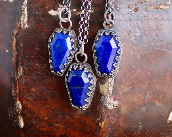 Lapis Lazuli Coffin, Sterling silver handmade pedant.  Memento Mori, remember you must die.