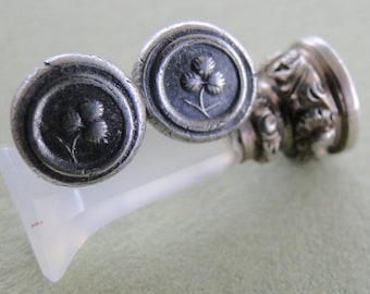 Tiny Sterling Silver, antique Wax seal earrings. Lucky shamrock emblem of Ireland