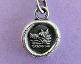 Wax Seal Pendant, sterling silver necklace, SMALLER Boars head pendant.Bravery and Perseverance,