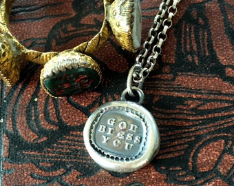 God Bless You, Antieke waszegel sieraden. Sterling religieuze hanger. Christelijke zegen. Bescherming amulet.