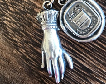 Sterling memento mori, victorian hand pendant. Solid sterling silver mourning pendant.