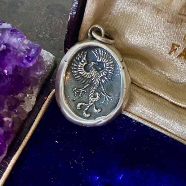 Phoenix rising wax seal amulet.  Sterling silver impression of a wax seal.