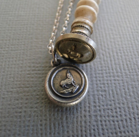 Wisdom and diplomacy. Goat or Ibex, antique wax seal impression, sterling silver