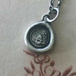 Bee and beehive necklace no. 2, Antique wax letter seal.   Busy bee necklace. Industry and diligence sterling silver pendant.